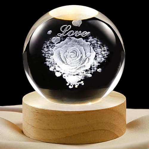 Image of YANFEYHA 3D Love Crystal Ball Lamp with Dimmable LED and Wooden Base, Night Light for Kids Teens Adults, Home Desk Office Bedroom Decor, Birthday Gift (2.4”/ 6cm)
