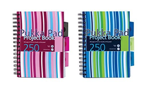 Image of Pukka Pad, A5 Striped Project Notebook 1-Pack - 21 x 14.9cm - Wirebound Notebook Ruled Lines on 80GSM Paper – Includes 3 Repositionable Dividers with Storage Pockets - 250 Pages, Pink or Blue