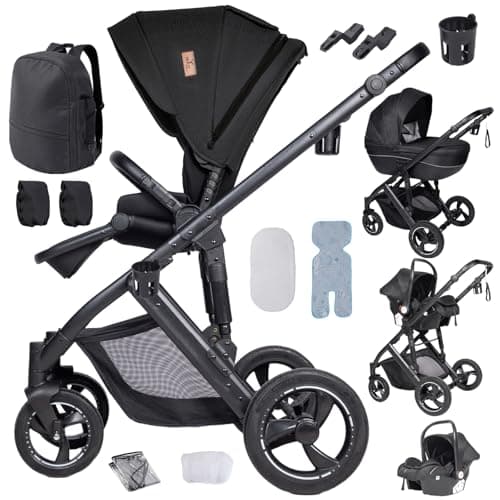 Image of 4-in-1 Pushchair Pram with Adjustable Seat, Travel System Reclining and Reversible, One-Click Folding Baby Stroller, Infant Buggy with Complete Accessories, Front and Rear Dual Brake Mode (Black)