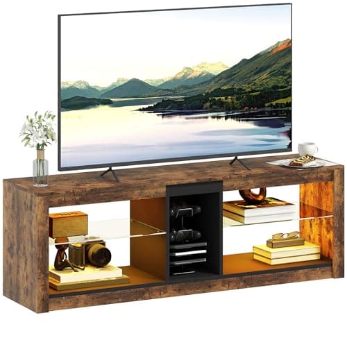 Image of HOMCOM TV Stand Cabinet with LED Lights and Remote Control for TVs up to 65", Entertainment Centre with Storage Shelves and Compartment, Rustic Brown