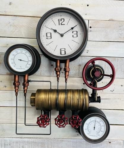 Image of My Square Mile Industrial Steampunk Pipe Metal Gear Wall Clock with Faux Temperature Dial Display (Triple Cog Clock)