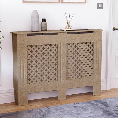 Image of Vida Designs Oxford Radiator Cover Unfinished - Medium - Traditional Cross Pattern Design For Optimal Heat Circulation - H82xW111xD19cm - Unpainted MDF Cabinet Ideal For Living Room & Hallway