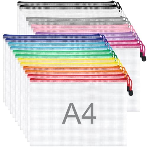 Image of WISYOK 24pcs A4 Plastic Wallets Zip, Zip Lock Bags Mesh, Plastic Folders, Document Wallets, Zips Wallet, Zipper File Bags for Office, School, Travel, Home (33x23cm, 12 Colors)