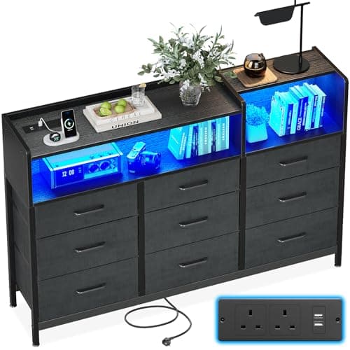 Image of ODK Black Chest of Drawers Bedroom, Dresser Cabinet with 2 Sockets, 2 USB Ports and 10 Colored LED Strips, Chest Drawers with Shelf 9 Fabric Drawers for Bedroom Living Room, 130 * 30 * 97cm