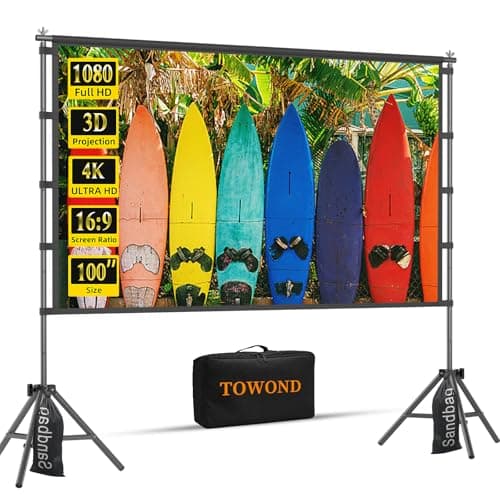 Image of TOWOND Projector Screen, 100 inch Portable Projector Screen and Stand Outdoor Rear Front Projection Screen 16:9 4K HD Movie Screen with Carry Bag for Indoor Home Theatre and Backyard Cinema Nights