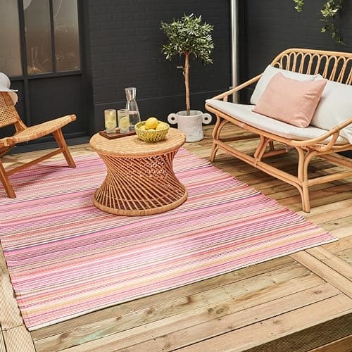 Image of THE RUGS Rainbow Collection Outdoor Rug - Easy to Clean, Waterproof Plastic Outdoor Rugs for Garden, Patio, Balcony, Camping - Vibrant Plastic Straw Rug - Threads Pink, 150x220