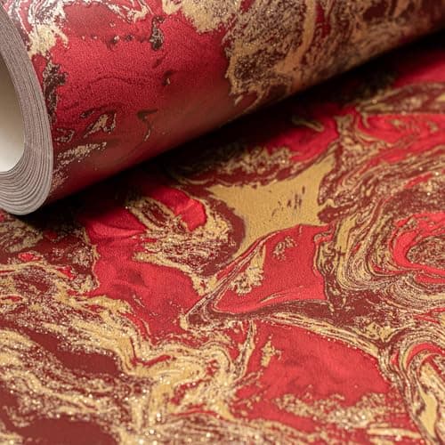 Image of SOPHIE LAURENCE Red Gold Marble Wallpaper Liquid Effect Textured Glitter Shimmer Slightly Imperfect Feature Bedroom Bathroom Lounge Hallway 10m x 0.53m Full Roll