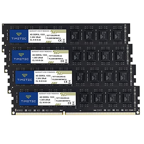 Image of Timetec 16GB KIT(4x4GB) DDR3 / DDR3L 1333MHz PC3-10600 Non-ECC Unbuffered 1.5V / 1.35V CL9 2Rx8 Low Density Dual Rank 240 Pin UDIMM Desktop PC Computer Memory RAM Module Upgrade (16GB KIT(4x4GB))
