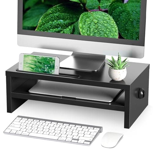Image of RFIVER Wood Monitor Stand Riser-Desk Riser with Smart Phone Holder-Computer Monitor Stand with Cable Management-Monitor Shelf for Laptop, iMac, PC, 2 Tiers TV Riser Black