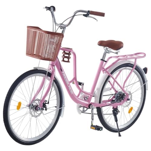 Image of TRIOBLADE 24''26'' Vintage Ladies Bike with Basket 7 Speed Hybrid City Bike for Women Dual Disc Brakes Basket Rear Rack Lightweight Commuter bike Retro Bicycle White Urban Bike (Pink 24 ich)