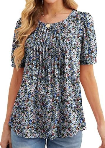 Image of GRECERELLE Womens Summer Tops Casual Dressy Soft Short Sleeve Tunic Front Pleated Spring Crew Neck Tees T-Shirts Loose Blouse for Ladies (Black + Anemone, XXL)