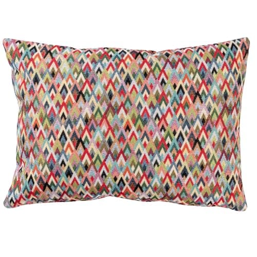 Image of Linen Loft Geometric Tapestry Boudoir Cushion. Multicoloured Woven Design. Modern Traditional Turkish Kilim Style Weave. 17x12 Rectangle Cover
