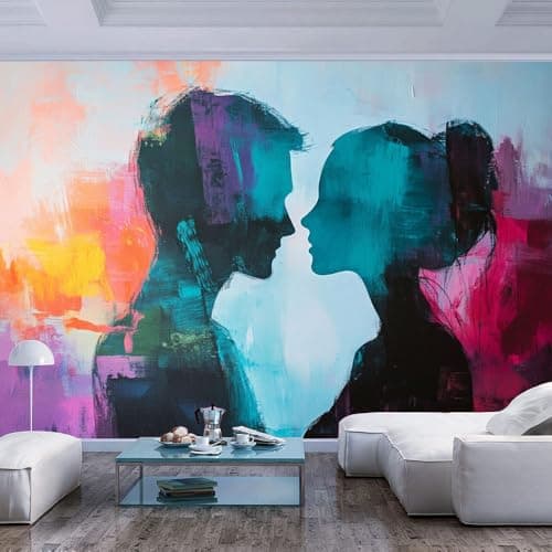 Image of JIAOQSS Photo Wallpaper 3D Effect Silhouettes of Couple Colorful Silhouettes of Couple Colorful Photo Modern Living Room Wall Background Tv Wall Sofa Study Home Decoration Art