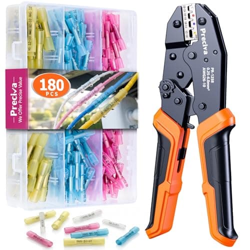 Image of Heat Shrink Butt Connectors Crimping Toolkit, 180PCS Connectors IP67 Waterproof Insulated Electrical Terminals Marine/Auto, Preciva AWG26-10/0.25-6mm² Ratcheting Crimper, Hardened 45# Alloy Steel
