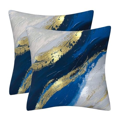 Image of DILOXNSU Set of 2 Decorative Cushion Covers 45 x 45 cm Blue Gold Coast Soft Velvet Pillow Case 18x18 inches for Outdoor Patio Garden Sofa Living Room Home Decor Abstract Art Series