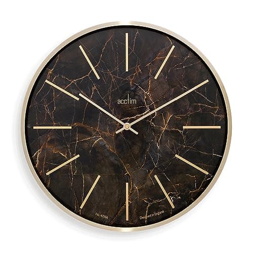 Image of Acctim Luxe Wall Clock Quartz Brushed Metal Embossed Golden Batons Brass Hands Dark Marble 40cm