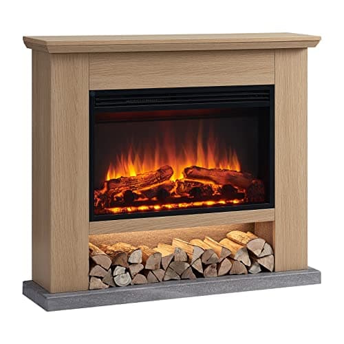 Image of FLAMME 39" Beadell Electric Fireplace Suite Natural Oak Colour Includes 2000w Heater with Glass Fronted Flame Effect, Remote Control