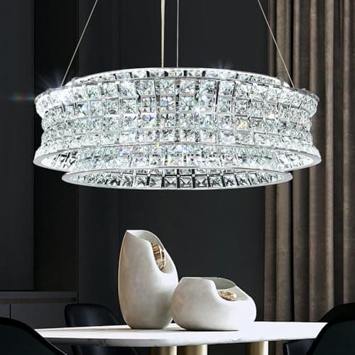 Image of AOOCHOK Modern Crystal Chandelier for Dining Room, LED Chrome Pendant Lights, Round Crystal Hanging Lamp for Dinning Room, Corridor, Balcony, Kitchen Island, Φ50cm