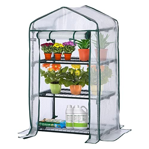 Image of EPROSMIN Mini Greenhouse with 3 Shelves, Waterproof PE Plastic Cover, Roll up Double Zipper Door, Sturdy Steel Frame for Garden and Outdoor – Size H125cm x W69cm x D49cm