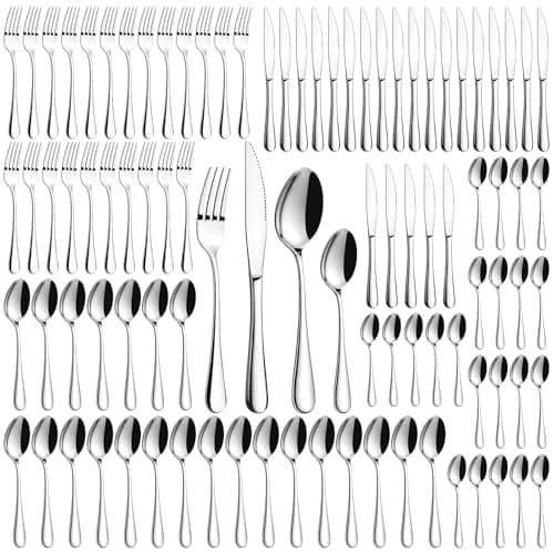 Image of 96-Piece Stainless Steel Cutlery Set for 24 | Includes Knives, Forks, Spoons and Teaspoons | Mirror Polished & Dishwasher Safe Flatware Set for Family Meals