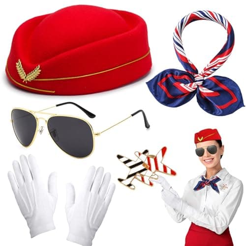 Image of 5Pcs Airline Stewardess Costume Accessories Set, Flight Attendant Fancy Dress Kit with Stewardess Hat Scarves Brooch Sunglasses Gloves Cosplay Outfit for Adults Girls Cosplay Dress up Party-Red