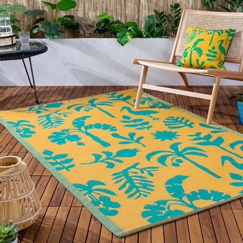 Image of furn. Marula Rug – Indoor/Outdoor Woven Botanical Tropical Birds Weather Resistant Easy Clean Lightweight Rug (Yellow/Teal - 120x180cm)