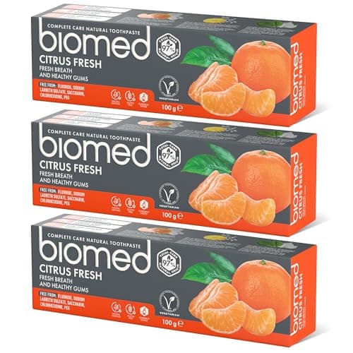 Image of Biomed Citrus Fresh 97% Natural Toothpaste | Orange, Fresh Breath, Healthy Gums | Mandarin Grapefruit Lemon Essential Oils, Fruit Flavour, Vegetarian, SLES Free 100g 3 Pack