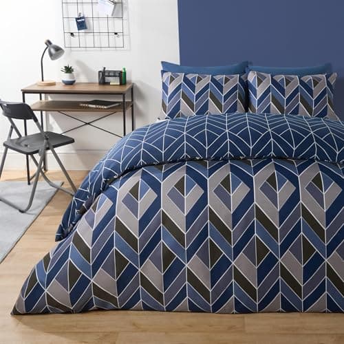 Image of OHS Double Duvet Cover Set Abstract Chevron Reversible, Ultra Soft Warm Fabric Modern Abstract Chevron Pattern Stylish Double Duvet Set with 2 Pillowcases, Navy