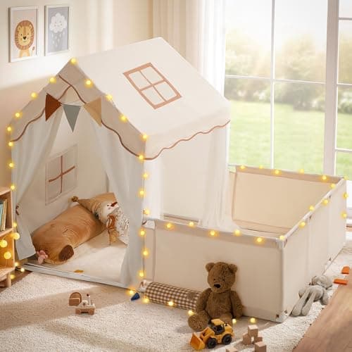 Image of besrey 2-in-1 Kids Play House Tent for Girls & Boys – Indoor Toddler Tent with Lights & Pad, Children Tents for Kids & Toddlers, Large Bed Tents, Princess Playhouse with 2 Doors with fence