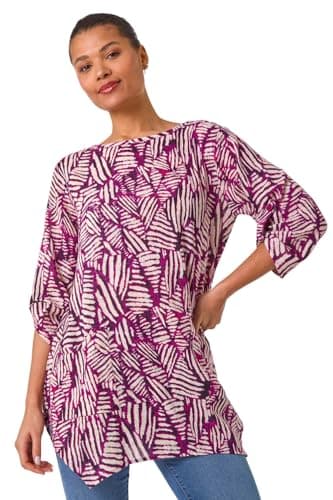 Image of Roman Geometric Pocket Detail Longline Cotton Top for Women UK - Ladies Everyday Holiday Spring Summer Round Neckline Comfy Soft Evening Vacation Work Party - Plum - Size 12