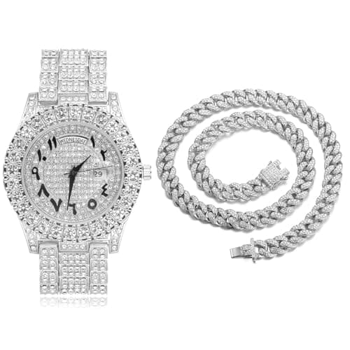 Image of HALUKAKAH Moissanite Diamonds Gold Watch Iced Out, Men's Roman Numerals Platinum White Gold Plated Quartz Wristband 24cm, with Cuban Link Necklace 45cm, Comes with Giftbox
