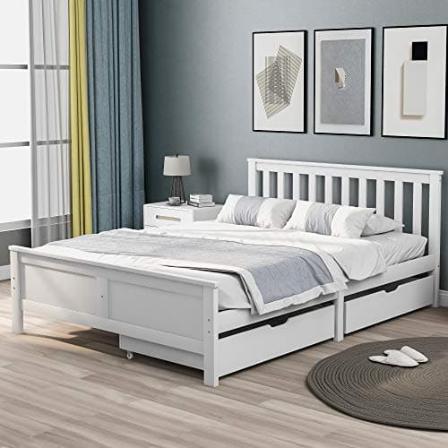 Image of BTM Double Bed White, Kids Bed with Drawers, Wooden Bed Double, White Double Bed Frame For Adults, Kids, Teenagers(190x135cm)