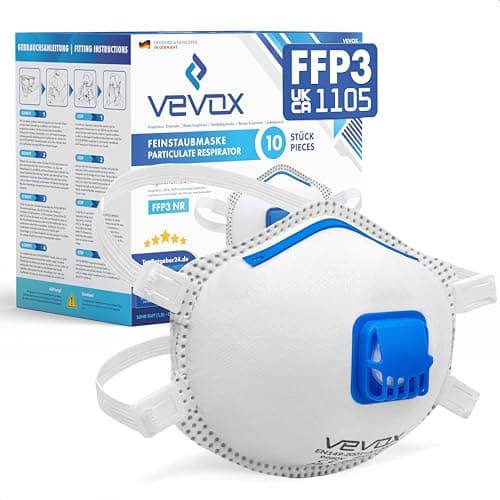 Image of VEVOX® FFP3 Dust Mask - Set of 10 - Valved Face Masks - Respirator - Protection e.g. for Construction, Sanding, Spray Painting, Cleaning, Mould, Fine Dusts or Asbestos Particles