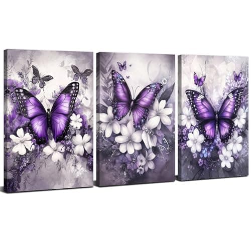 Image of 3Pcs Purple Butterfly Wall Art White Flower Canvas Prins for Bedroom Rustic Farmhouse Wildflower Picture Vintage Country Floral Painting Poster Artwork for Living Room Bathroom Home Decorations 12x16"