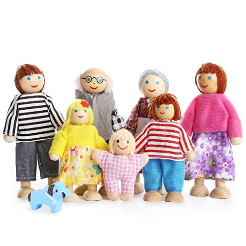 Image of Kids Girls Lovely Happy Family Dolls Playset Wooden Figures Set of 7 People for Children Doll house Pretend Gift