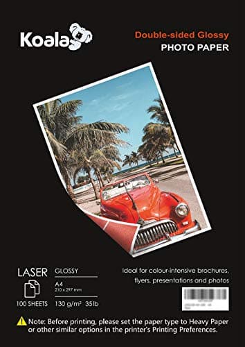 Image of KOALA Double Sided Glossy Laser Photo Paper A4, 130gsm, 100 Sheets. Suitable for Laser Printer, for Printing Photos, Brochures, Covers, Certificates, Booklets, Flyers, Leaflets, Cards, Calendars