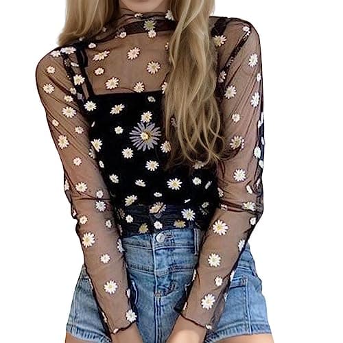 Image of 2026 Loose Fit T Shirts for Women Daisy Floral Embroidered Workout Summer Casual Tops Trendy Long Sleeve Tees Shirts Going Out Mesh Elegant Tshirt Cute Mesh Overlay Tee Shirts Sheer Black