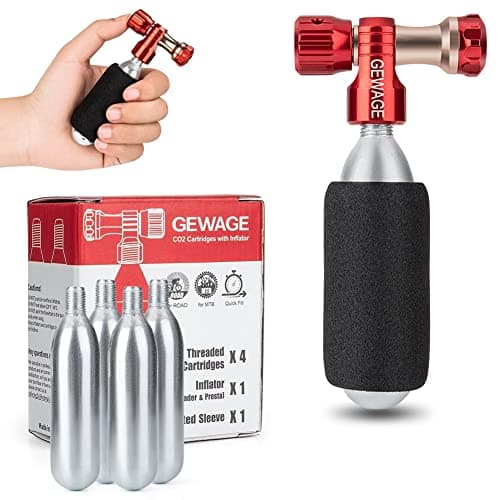 Image of GEWAGE CO2 Air Pump for Bicycle Tyres - CO2 Bicycle Pump Includes 4 Pack CO2 Capsules 16g with Thread and Compatible Presta & Schrader Valve for Mountain Bike and Road Bike. (Red)