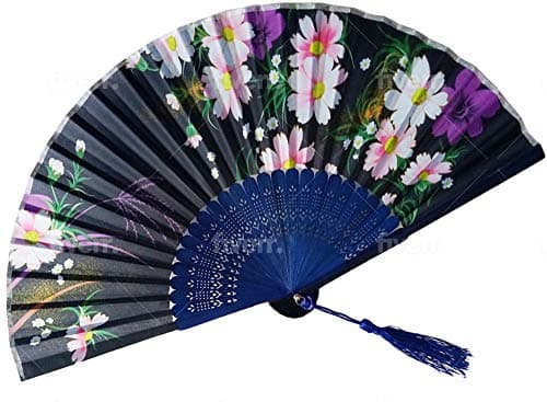 Image of Black Background with Mum Floral Patterned Hand Fans Come With Fan Bag, Vintage Silk and Japanese Lace Designs with Bamboo Frames, Handheld Folding Fans Perfect for Weddings, Parties and Church Events