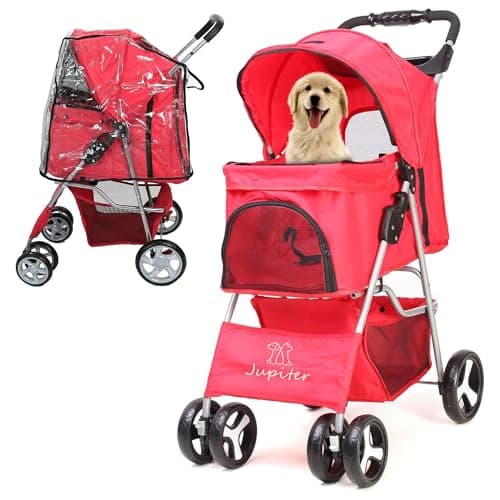 Image of JupiterJX Dog Stroller with Rain Cover, Pet Pram for Small Medium Dogs, Dog Buggy with Storage Basket Cup Holder, Cats Dogs Pushchair, Foldable Pet Pram for Cats Puppies (Red with Rain Cover)
