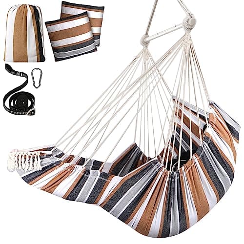 Image of Chihee Hammock Chair Hanging Chair with Foot Rest 2 Cushions Max 550lbs Robust Metal Spreader Bar Collapsible Easy Storage Soft Cotton Swing Chair Strong Strap Iron Carabiner Side Pocket Included