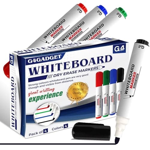 Image of G4GADGET Whiteboard Markers Bullet Tip 4 Pack – Dry Erase Pens for Whiteboard, 4 Assorted Colours (Black, Blue, Red, Green) – Dry Wipe Markers for School, Office & Classroom Use