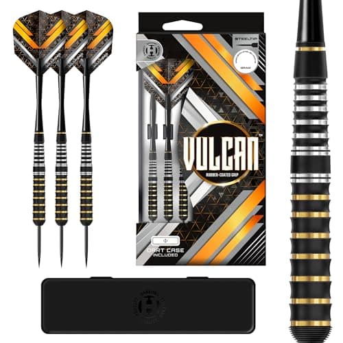Image of Harrows Vulcan Brass Steel Tip Darts Set in 22g, 24g or 26g – Rubber Coated Barrels with Speedline Shafts, Vulcan Flights & Dart Case – Durable Darts for Casual & Competitive Play (26g)