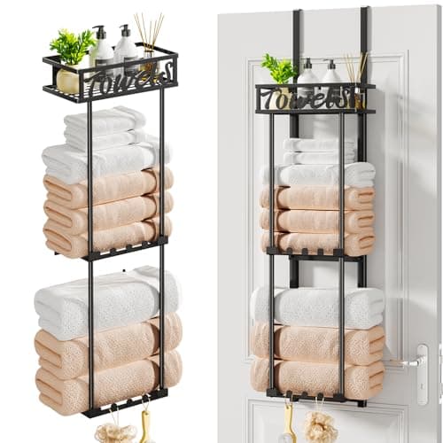Image of HapiRm Over Door Towel Rack - 3 Tier Towel Rack Wall Mounted with Metal Shelf Basket and 6 Hooks, Space-Saving Bathroom Towel Holder, Bathroom Towel Storage for Small Bathroom Storage & Organisation