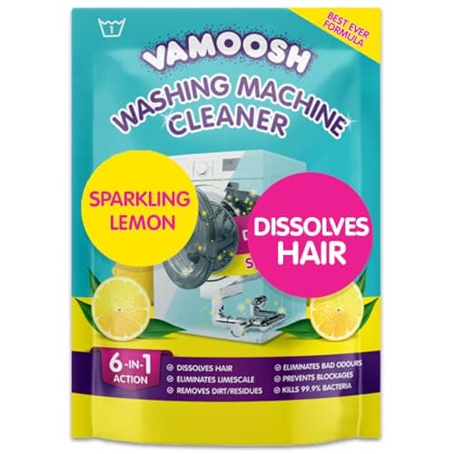Image of Vamoosh 6-in-1 Washing Machine Cleaner, Dissolves Hair, Eliminates Bad Odours, Removes Limescale, Deep Clean, Leaves Smelling Fresh, Antibacterial, Descales (Lemon, Single Pack)