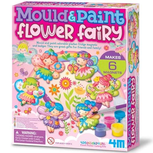 Image of 4M Mould & Paint Glitter Flower Fairy Kit | Creative Fairies Craft Set with Plaster, Paints & Brush for Kids Age 5+ | DIY Moulding Activity to Make 6 Magnets or Badges | Fun Art Gift for Children