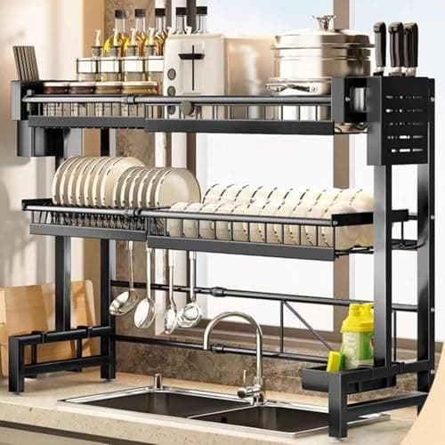 Image of Liwankaqi 2 Tier Over Sink Dish Drying Rack Adjustable 62-100cm(24.4-39.4") Kitchen Counter Organiser with Utensil Sponge Holders Carbon Steel Rustproof for UK Kitchen