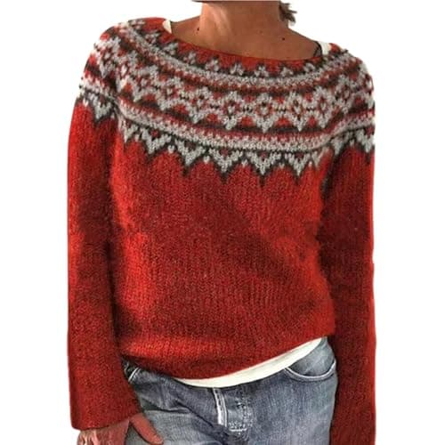 Image of Icelandic Fair Isle Jumpers for Women UK, Loose Long Sleeve Knit Jacquard Pullover Sweater Vintage Fairisle Nordic Ladies Jumper Casual Crew Neck Christmas Stylish Retro Pattern Wool Knitwear