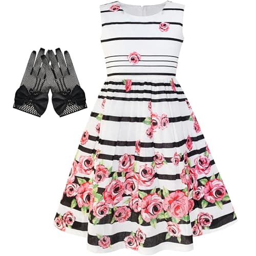 Image of Sunny Fashion Girls Dress Black Striped Pink Rose Sleeveless Party Vintage Retro Summer Vacation Age 6 Years