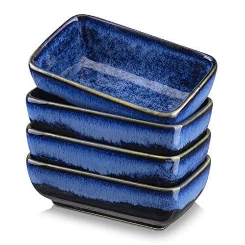 Image of vancasso Stern Blue 4-Piece Saucer Dish Set, Reactive Glaze Dipping Snack Bowl, Ceramic Small Serving Dish/Condiment Dish/Seasoning Bowl/Sushi Soy Dish, Rectangular (11.5x6.8x4cm)
